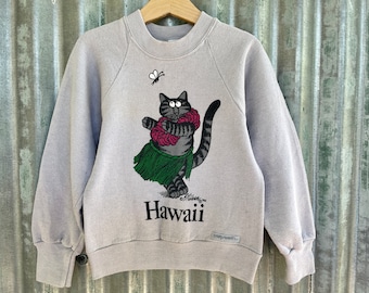 1990's Vintage Kid's Sweater Cat Hawaii Grey Sz S - OOAK