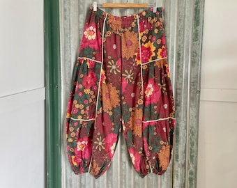 1970's Women's Boho Handmade Patchwork Pants Pink Yellow Brown Floral Sz M - OOAK