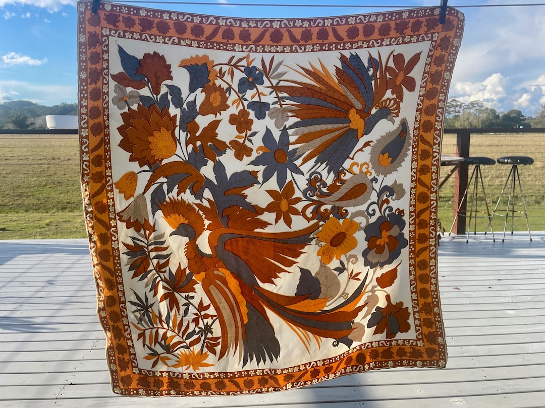 Vintage Silk Scarf Cream With Orange and Blue Floral Designs