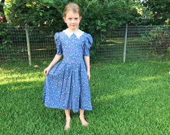 1980's Vintage Kid's Dress Floral Lace Blue Pink Age 7 - OOAK