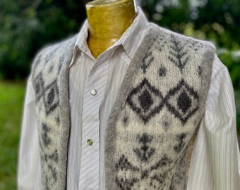 Chaleco de punto de lana vintage de los años 80, fabricado en Escocia, color crema y gris, talla S - Pieza única