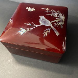 Vintage Wooden Box Korean Shell Mother of Pearl Inlay Birds - OOAK