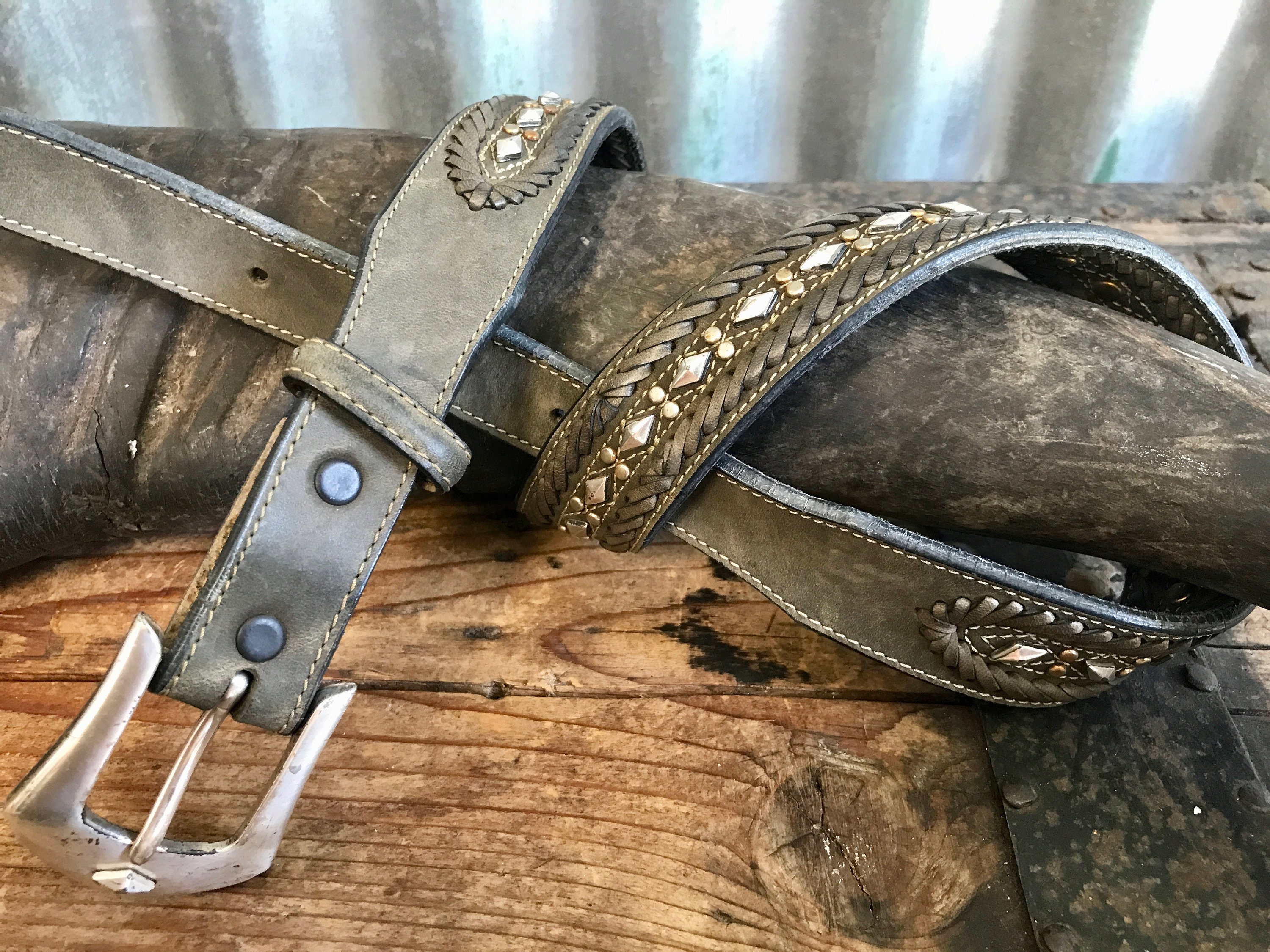 Vintage Distressed Brown Leather Studded Eyelet Belt Punk Rock Western Wide 36in Studded Western Belt 36 - Etsy main image 3