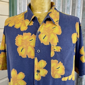 1990&#39;s Vintage Silk S/S Shirt Blue Yellow Bold Floral Sz L - OOAK