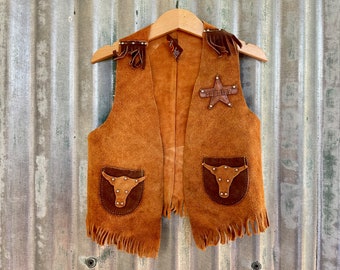 1970er Vintage Kinder Weste Sheriff Cowboy Western Tan Wildleder Fransen Soft Sz XS - OOAK