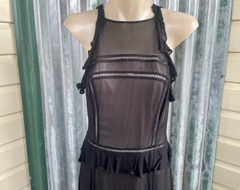 Black Sheer Chiffon Dress Long Sleeveless Zipper Closure Lined Sz 10 - OOAK