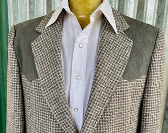Vintage Pendleton Wool Western Blazer – Grey Check, Faux-Suede Patches, Sz XL