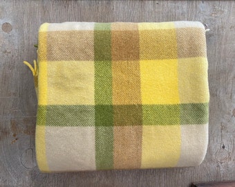 1970's Vintage Wool Blanket  Throw Knee Warmer Yellow Green Beige Check Small - OOAK