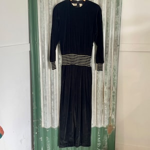 1980s Vintage Liz Claiborne Women&#39;s L/S black Velvet Jumpsuit in Black with Gold Stripes Sz 4 - OOAK