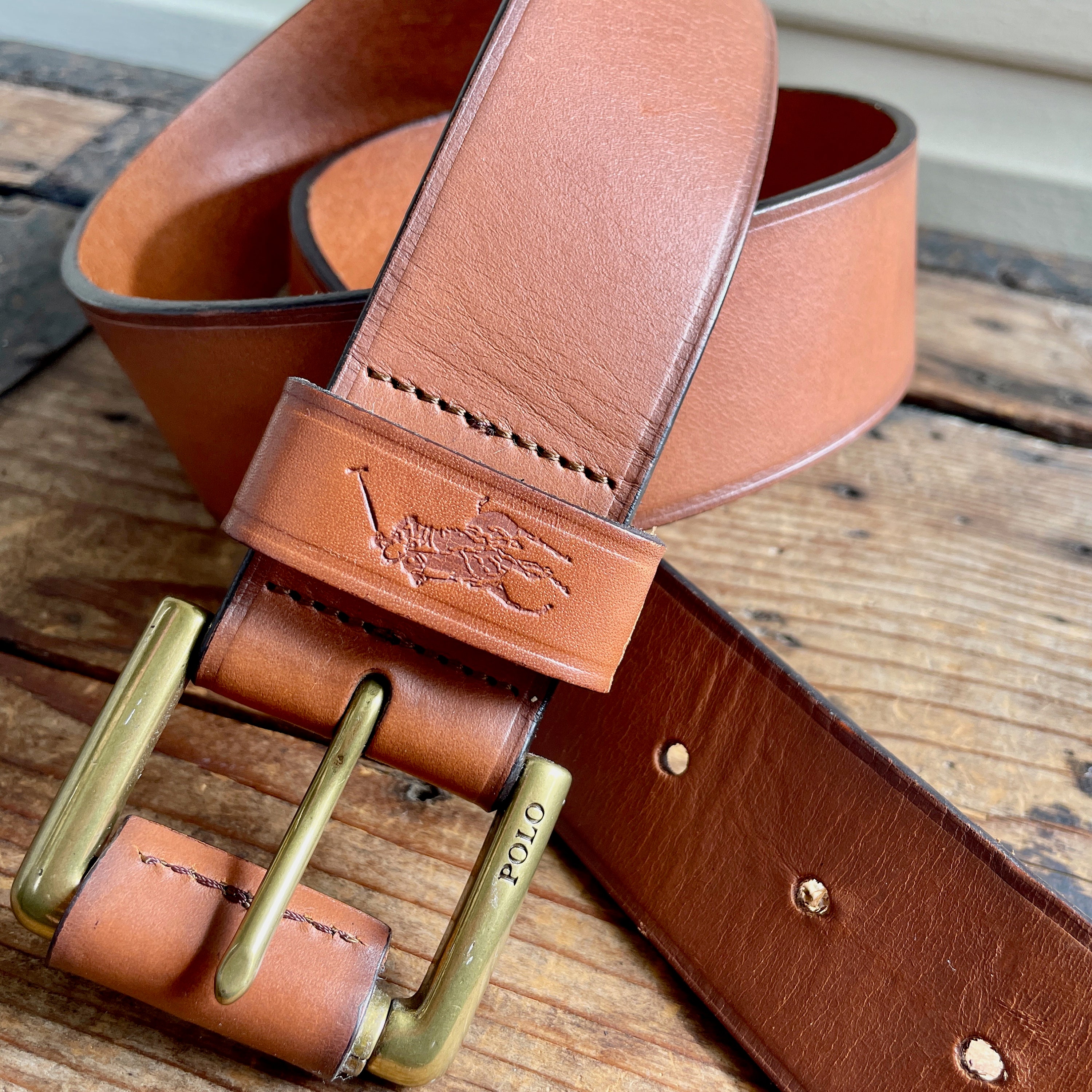 1990 s Vintage Polo Ralph Lauren Tan Brown Leather Belt Chunky Brass Buckle Sz L OOAK Etsy Canada