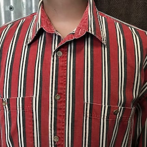 Vintage 1990&#39;s Rot Weiß Schwarz gestreiftes L/S Shirt Sz M - OOAK