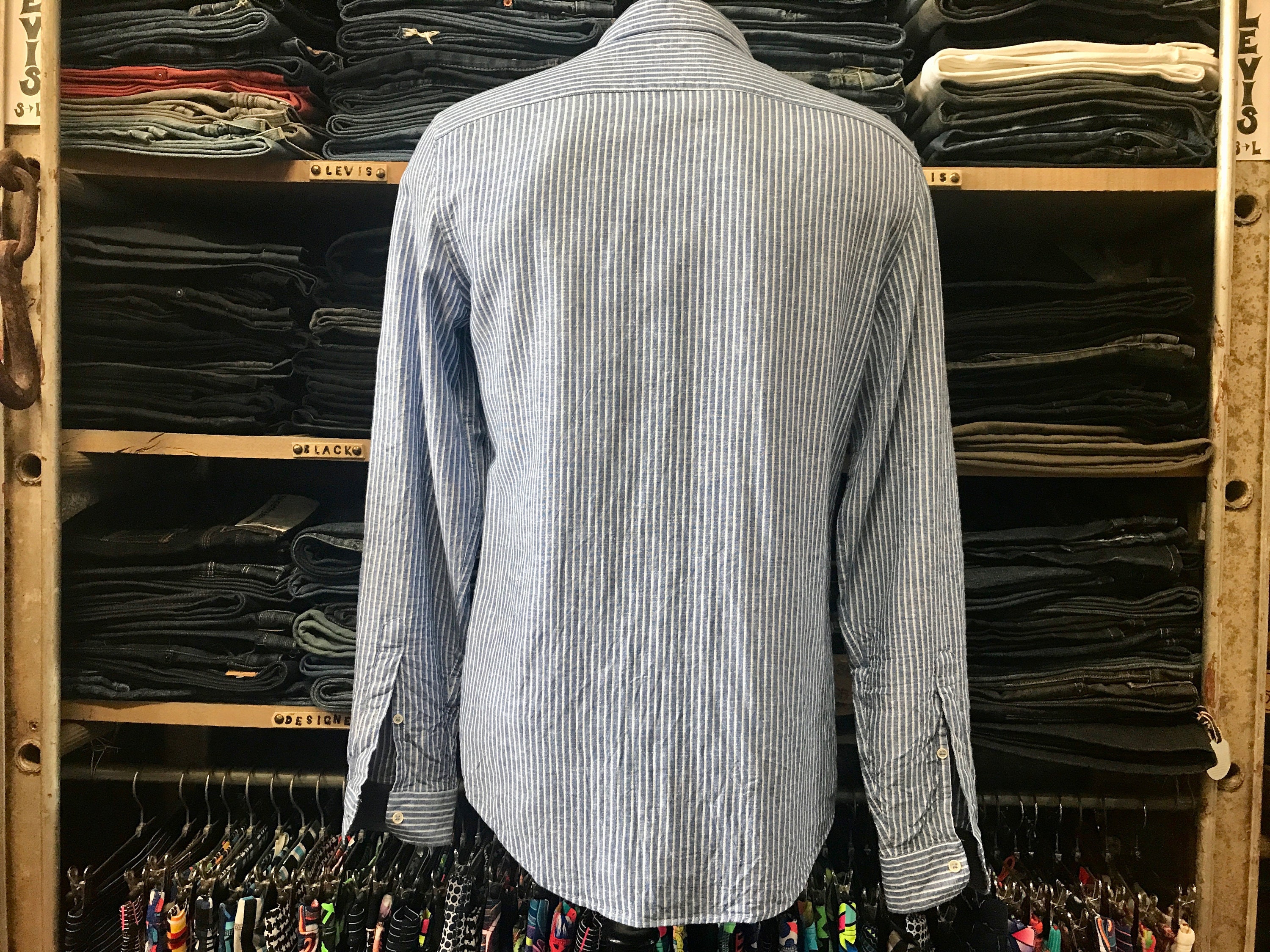 Chemise Homme Zara En Lin Rayé Bleu Et Blanc - Taille L - Manches Longues - Parfait état