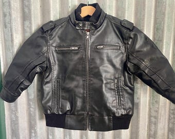 1990's Vintage Kid's Black Leather Jacket Sz S Age 4 - OOAK
