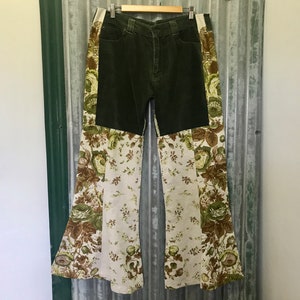 Sale! Upcycled Women's Flared Green Velvet Floral Linen Pants Sz M/L - OOAK