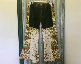 Vendita! Pantaloni di lino floreale in velluto verde riciclato da donna Sz M/L - OOAK