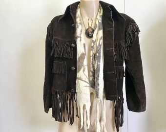 Vintage Women's / Kid's Brown Suede Fringed Jacket Heavy Soft Sz XS - OOAK