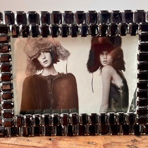 Vintage 1980's Ornate Rectangular Black Glass Gem and Metal Picture Frame Glass Table Top Landscape - OOAK
