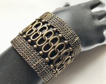 Sale! Antique Brass Metal Bracelet Cuff Elasticated - Boxed - OOAK