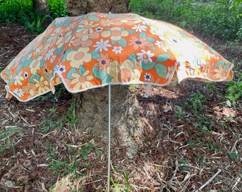 1960's Vintage Small Umbrella Floral Retro Extendable Orange Yellow Green - OOAK