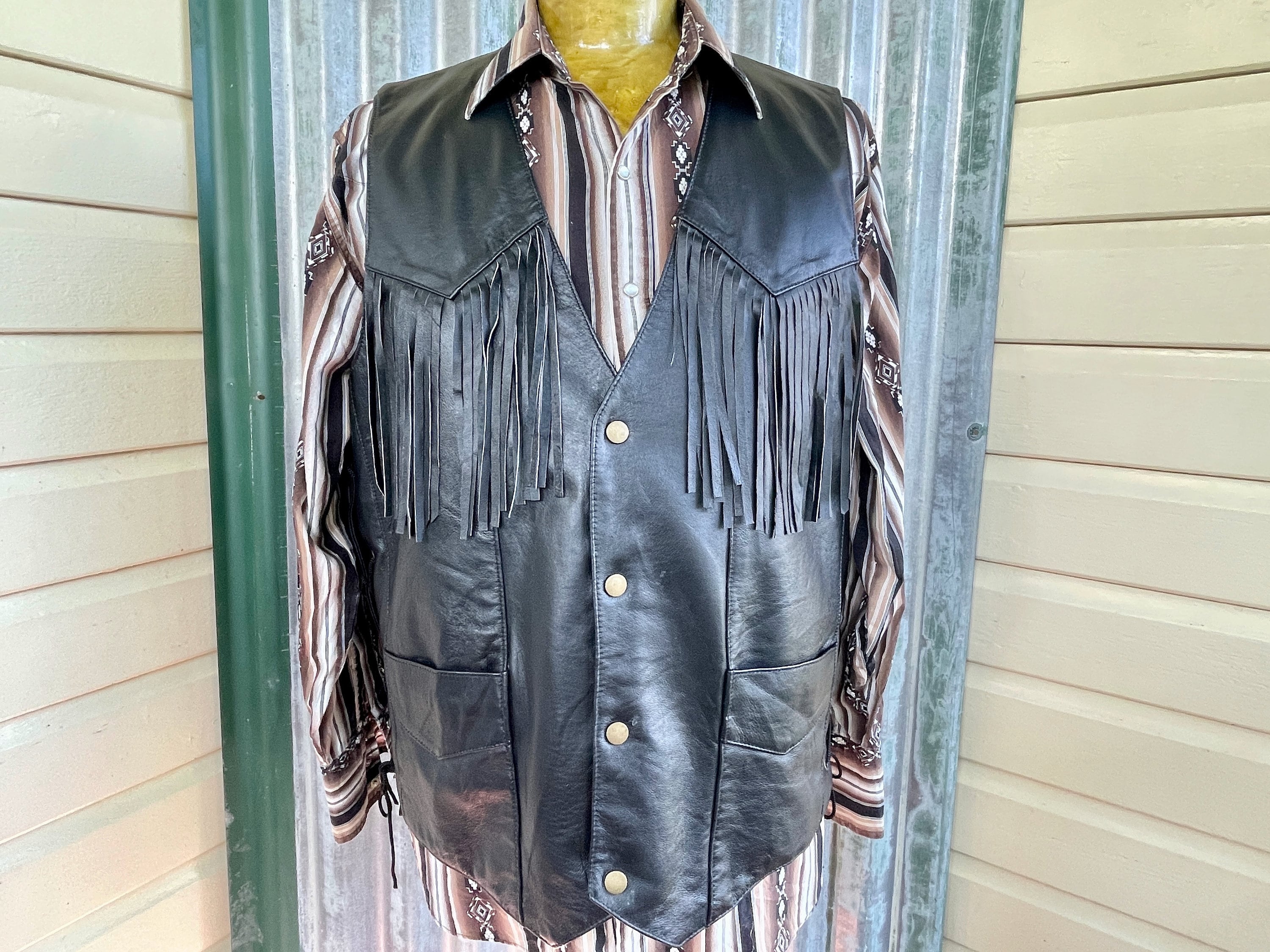 1980s Vintage Black Leather Biker Vest Fringe Snaps Sz XXL - Ooak 1980s Vintage Black Leather Biker Vest Fringe Snaps Sz XXL - Ooak