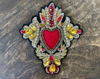 Patch -  Beaded Heart in Gold, Red and Black