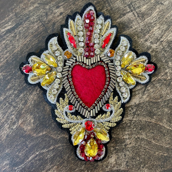 Patch -  Beaded Heart in Gold, Red and Black