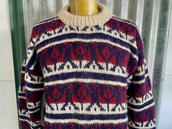 1990's Vintage Hand Knitted Chunky Wool Jumper Blue White Red
