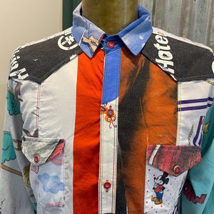 Jaren 80 geüpcycled handgemaakte herenpatchwork met Rugrats filmafbeelding L/S-shirt maat L - OOAK