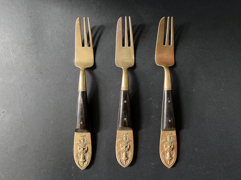 Mid Century Vintage Set of 3 Forks Siam Thai Buddha Brass Rosewood ...
