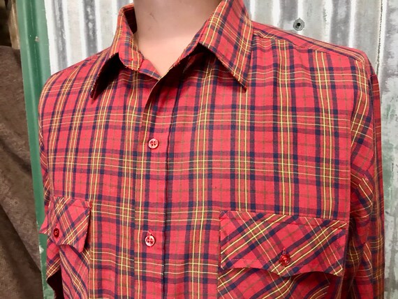 Sale Vintage Sears Western Shirt Red Blue White Check L/S Sz