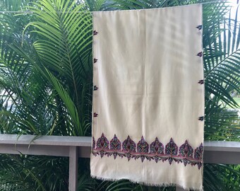Sale!  Wool Pashmina Cream with Colourful Embroidery - OOAK