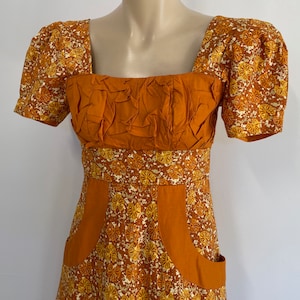 1970&#39;s Vintage Prairie Full Length Dress Mustard Floral S/S Handmade Sz S - OOAK