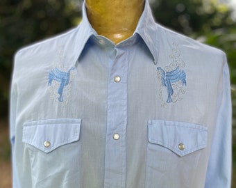 1980's Vintage Western Pale Blue Cowboy Saddle L/S Shirt Snaps Sz M - OOAK