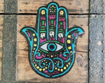 Patch -  28cm Sequined Hand Hamsa Eye Turquoise Pink Yellow