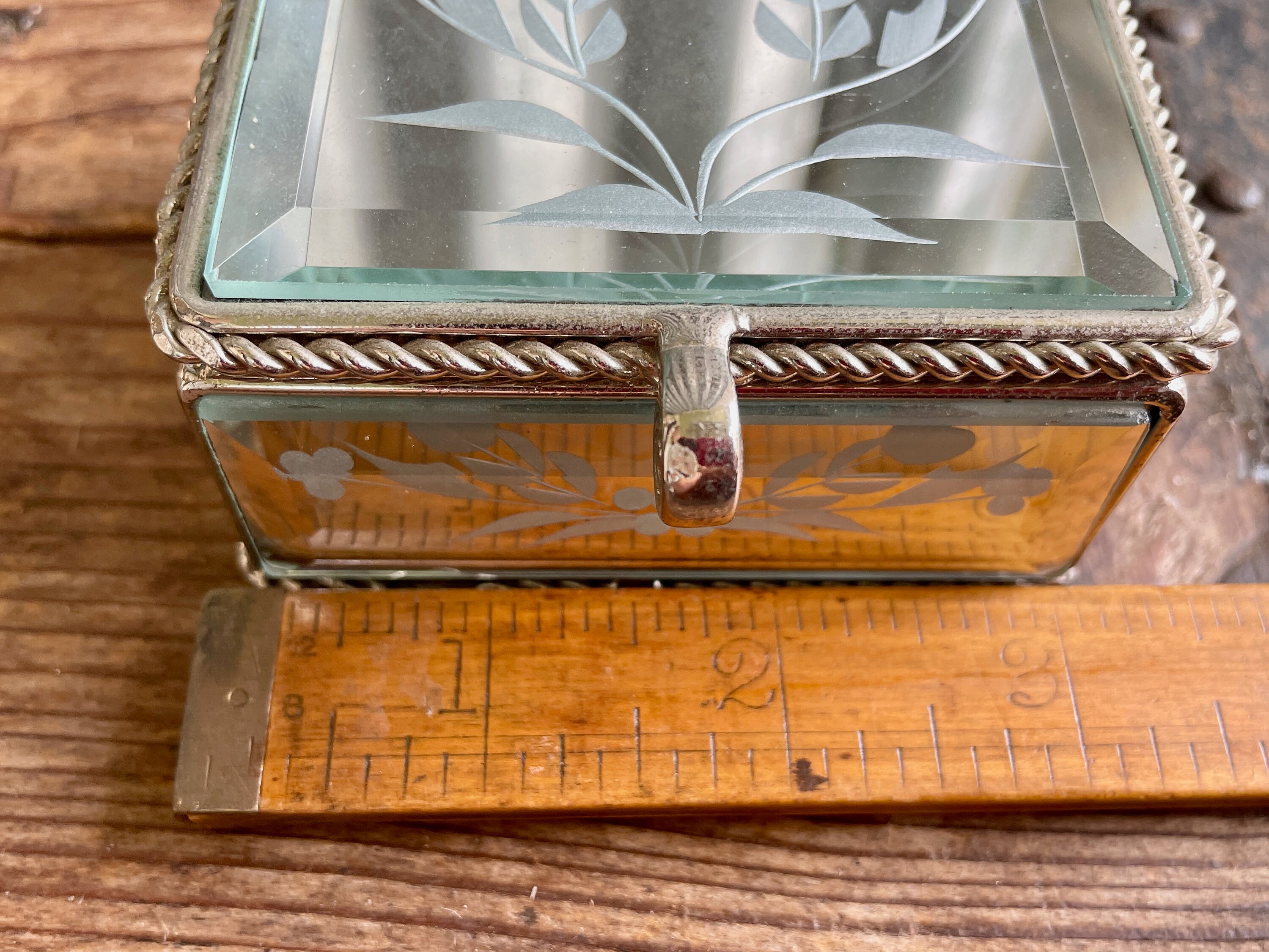 Vintage Small Mirrored Glass Jewellery Box Velvet Lined Floral Etsy