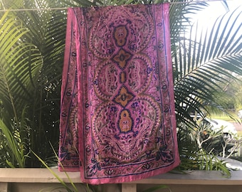 Vintage Silk Scarf Pink Paisley & Floral Design - Oblong - OOAK