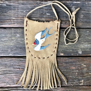Pochette à pharmacie en daim faite main brodée Swallow Small Boho Hippie Tribal - OOAK