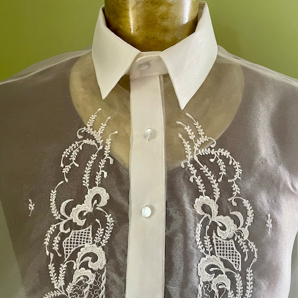 Traditional Filipino Barong Tagalog L/S Shirt Silk Sz XXL - OOAK