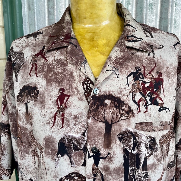 1990's Vintage African Bush Print Shirt Brown Beige Cream Elephant Giraffe Zebra Bushman S/S Sz 3XL - OOAK