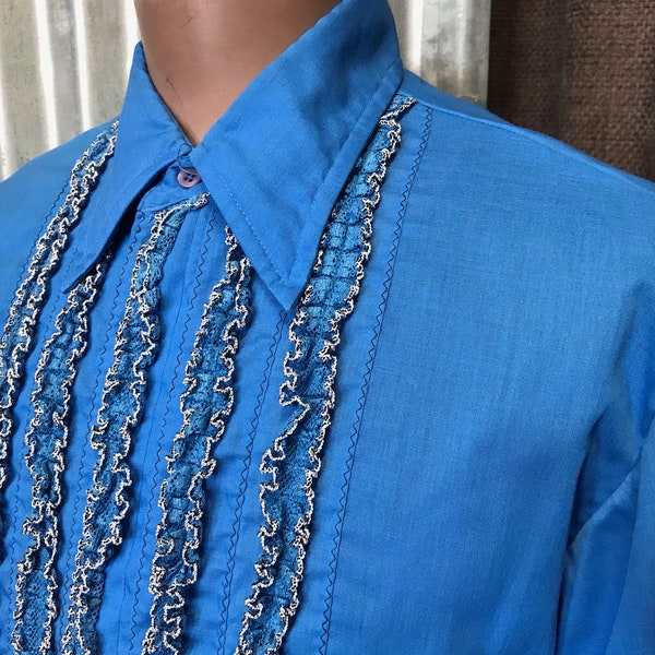 1970's Vintage Blue Dress Shirt with Ruffle L/S Sz XXL - OOAK