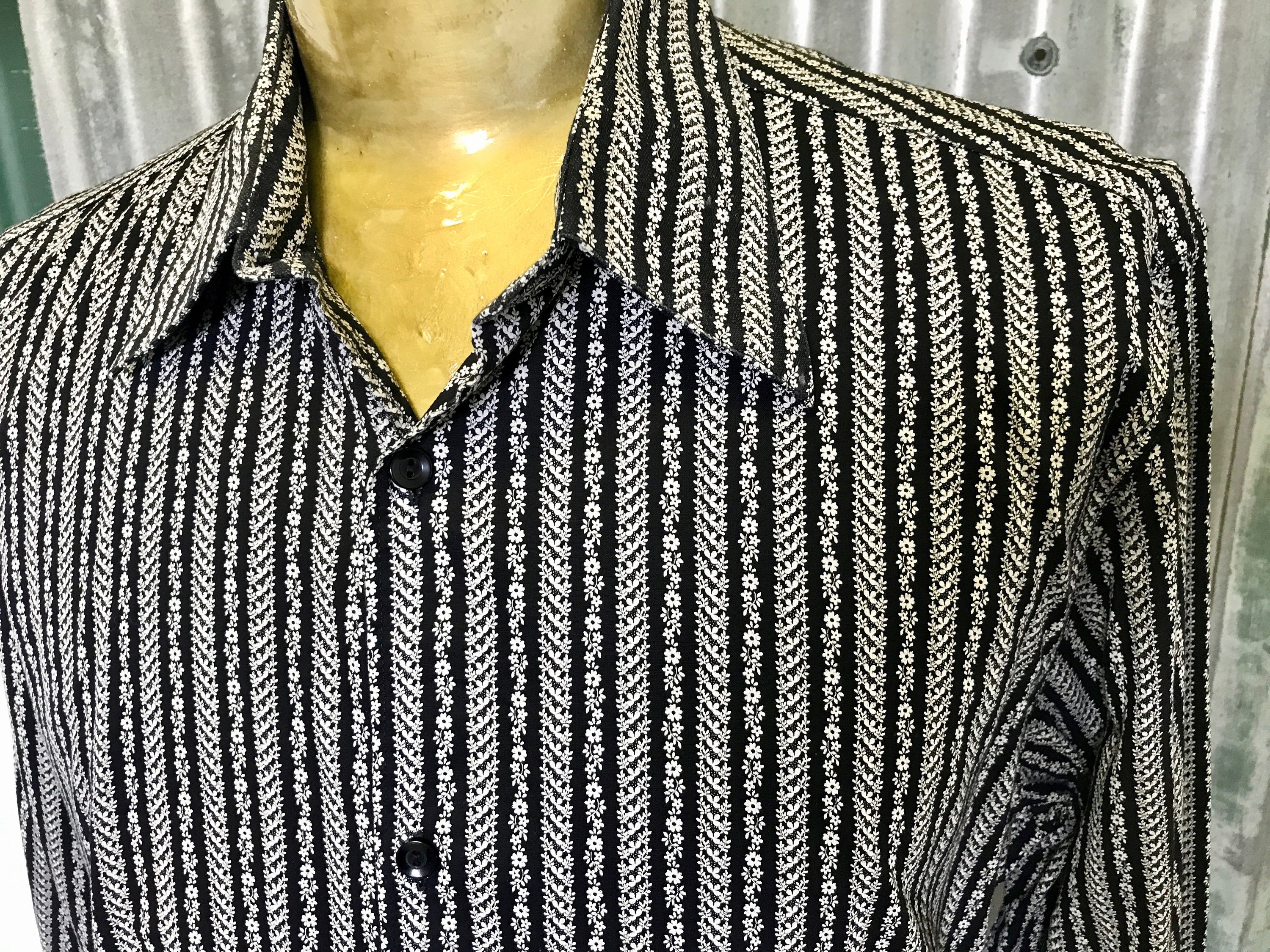 Vintage Deadstock 1970's Cotton L/S Shirt Black & White Floral stripe Sz L - OOAK