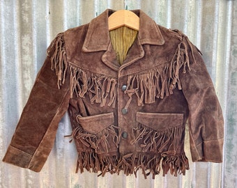 1970's Vintage Kid's Brown Suede Fringed Jacket Heavy Soft Sz XS Age 3/4 Years - OOAK