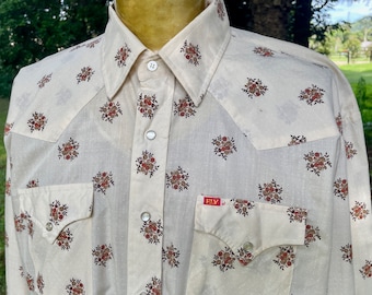 1970&#39;s Vintage Floral Western White L/S Shirt Snaps Sz XL - OOAK