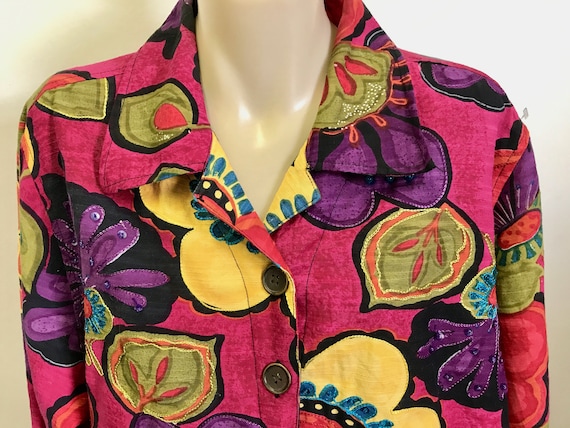 1990s Vintage Floral Jacket - Red, Purple, and Green, Size L