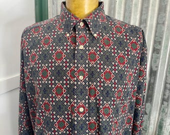 Vintage 1990's Geometric Blue Red Green L/S Shirt Sz L - OOAK