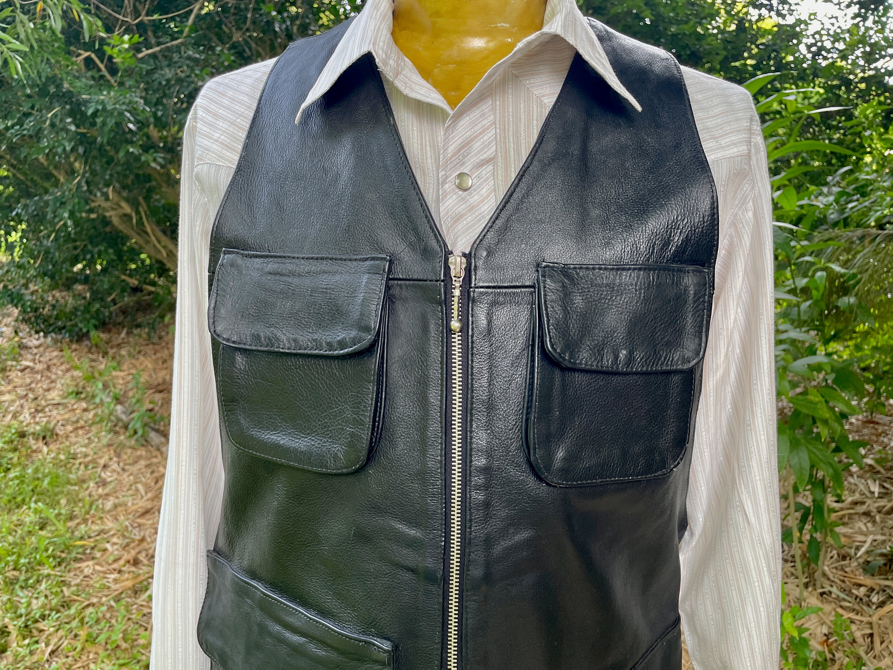 1990's Heavy Vintage Black Leather Biker's Vest Zips Pockets