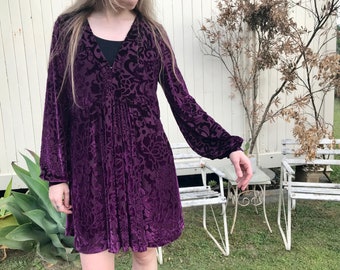 ¡Oferta! Vestido túnica de terciopelo de manga larga con efecto desgastado de Free People para mujer, color morado, talla S - OOAK