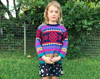 1990's Vintage Kid's Jumper Floral Geometric Multicoloured Sz S - OOAK