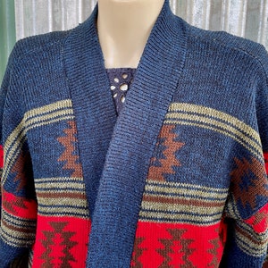 1990&#39;s Women&#39;s Blue Red Striped Knit Cardigan Sweater Made in the USA Sz L  - OOAK