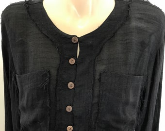 Women's L/S Sheer Cotton Black Blouse Sz S - OOAK